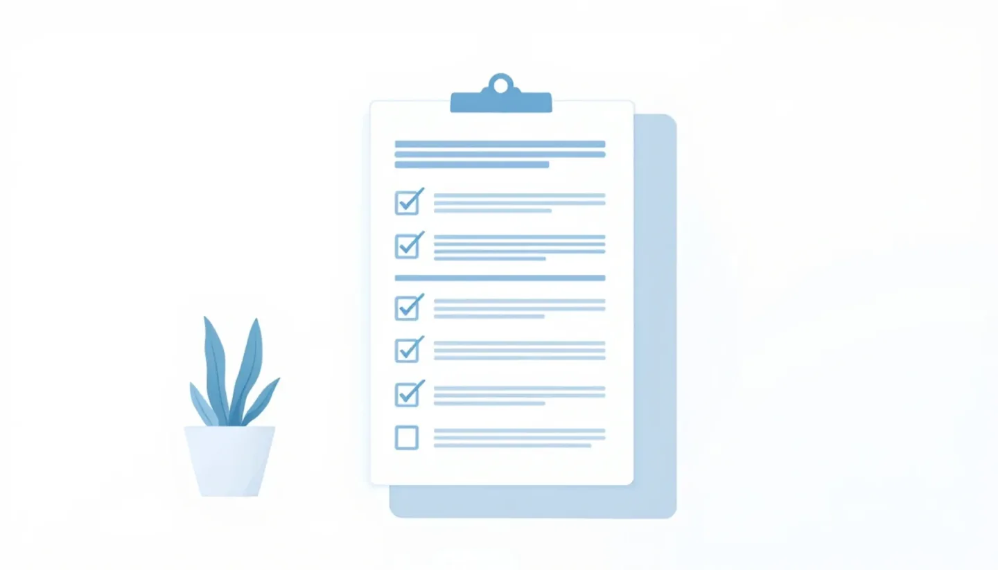 Clean, minimalist flat illustration of a professional business document with checkmarks and structured sections, soft bl