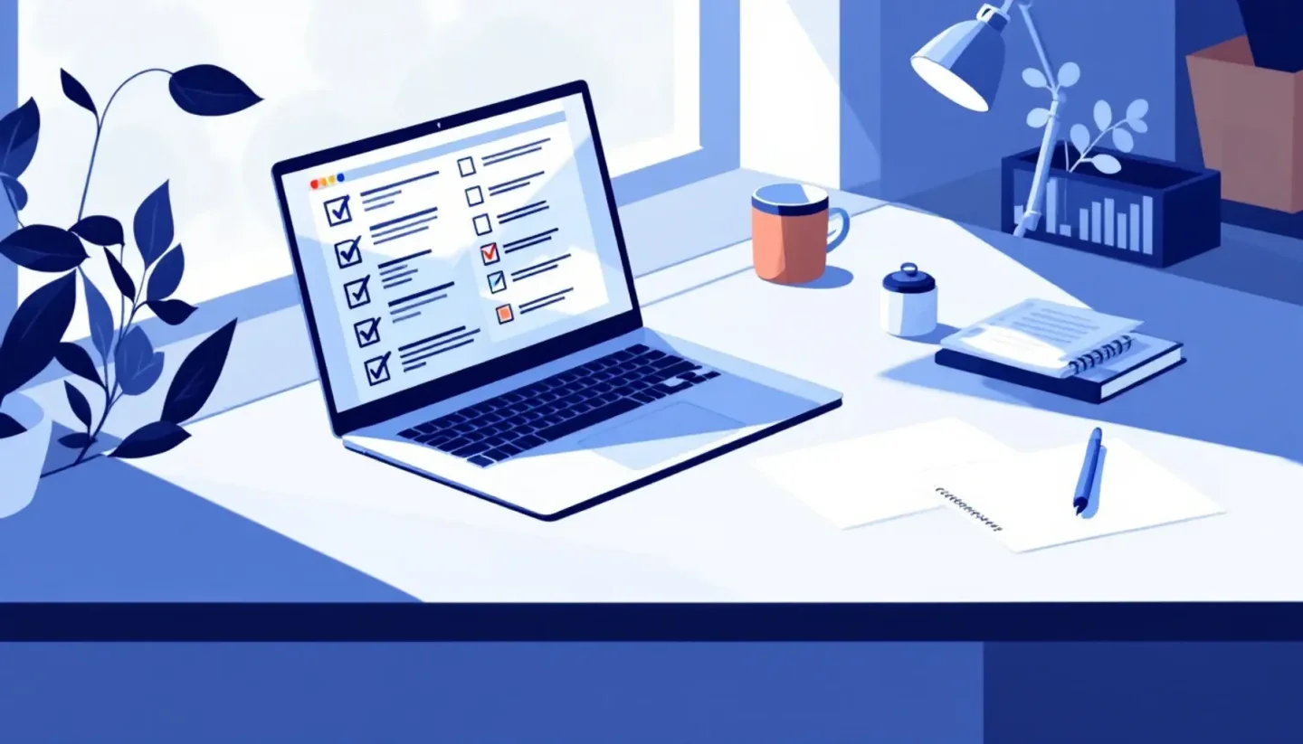 Clean desk workspace with a laptop displaying a structured checklist document, notepad with comparison notes, and pen. S