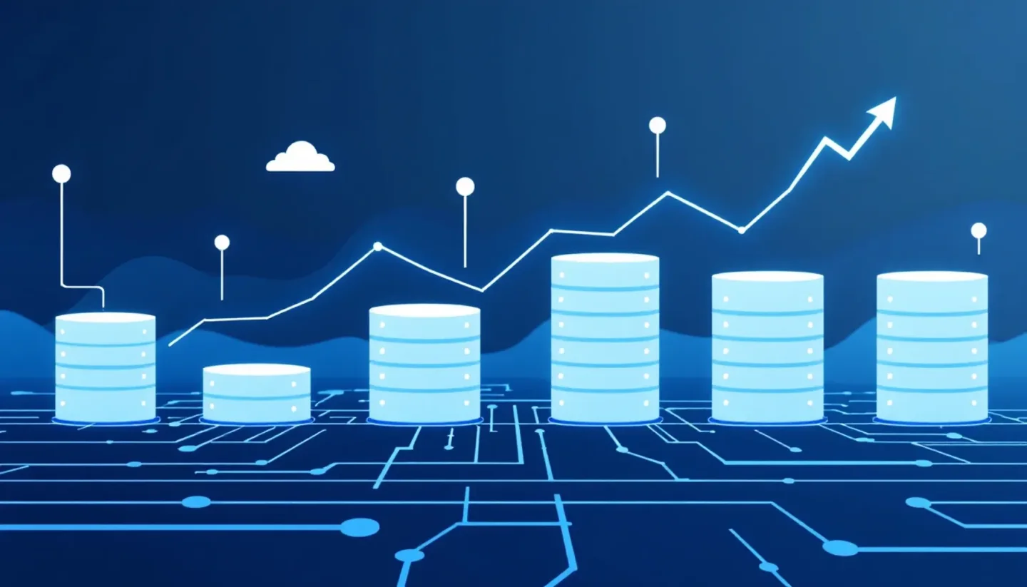 Minimalist flat illustration of interconnected server nodes and database cylinders arranged in a horizontal scaling patt